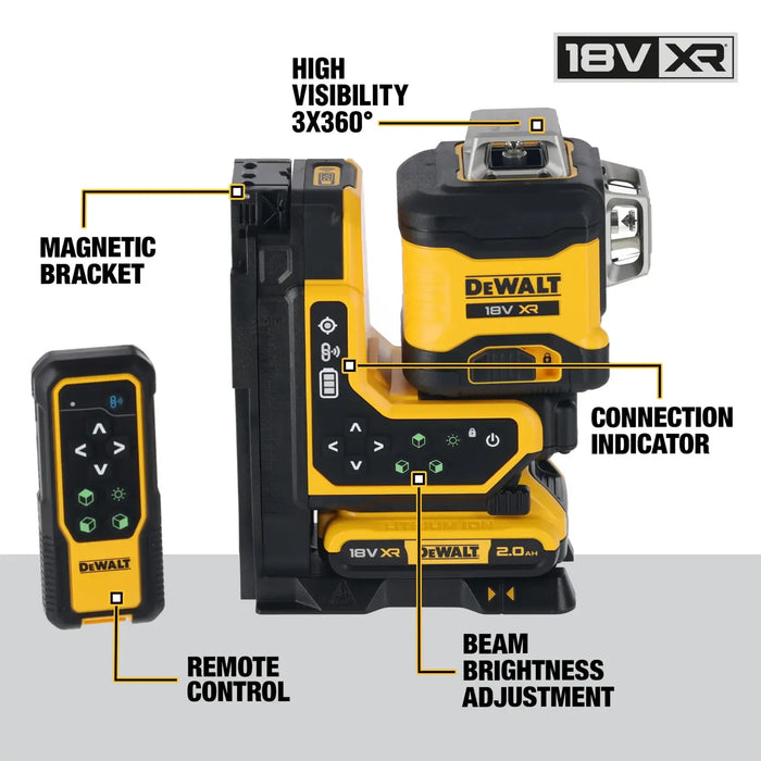 Dewalt 18V XR 3x360° Remote Control Multi Line Laser Kit Green DCLE34035D1-XE