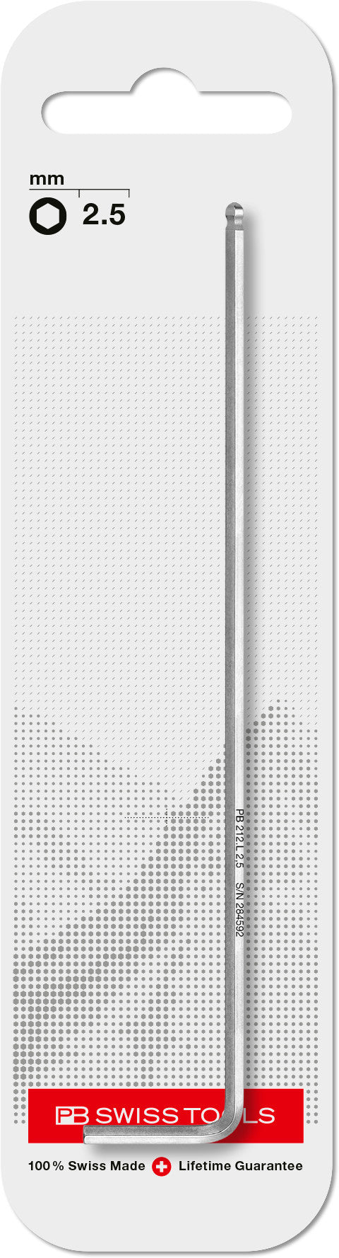 PB Swiss 212.L2.5 Key L-Wrench 2.5mm Long with Ball Point in Skin Pack
