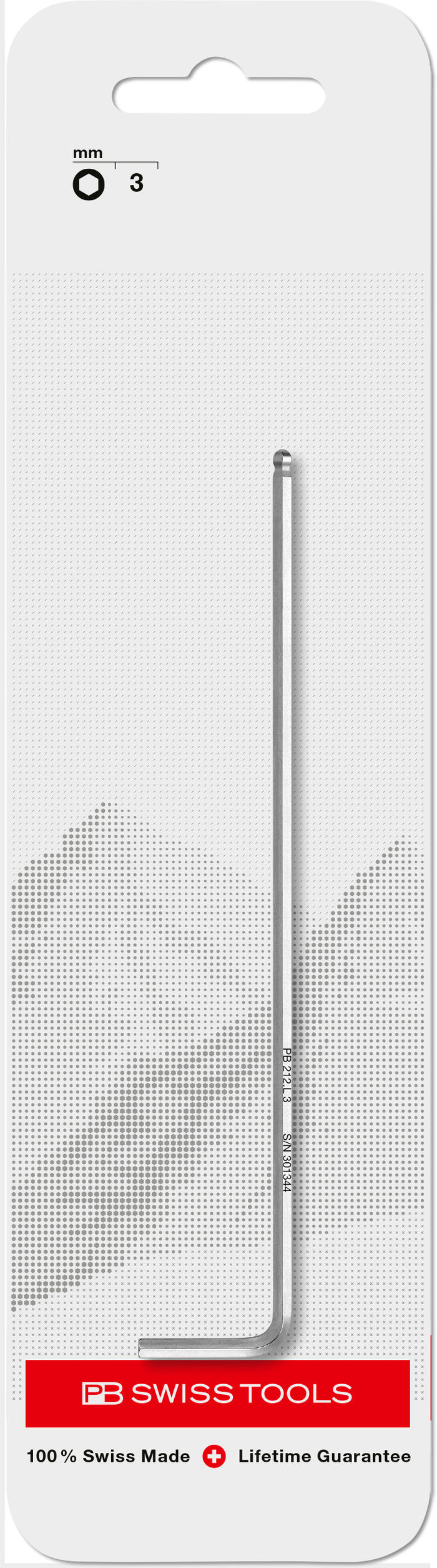 PB Swiss 212.L3 Key L-Wrench 3mm Long with Ball Point in Skin Pack