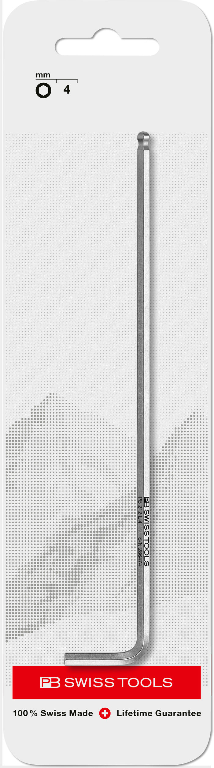 PB Swiss 212.L4 Key L-Wrench 4mm Long with Ball Point in Skin Pack