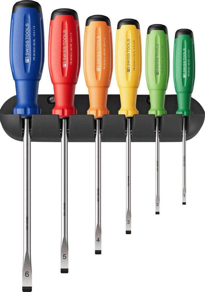 PB Swiss RainBow SwissGrip Evo Slotted Screwdriver Set with Wall Bracket