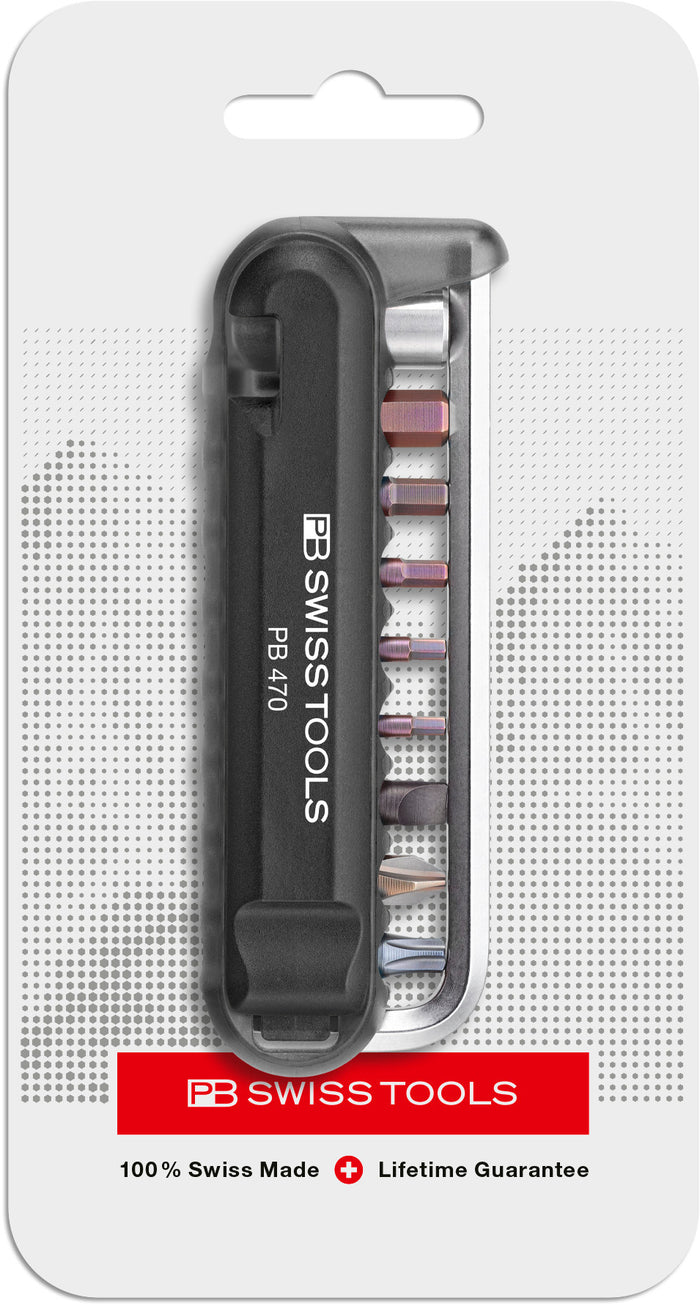PB Swiss 470 Black BikeTool Pocket Tool with 9 Screwdriving Tools & 2 Tyre Levers in Skin Pack