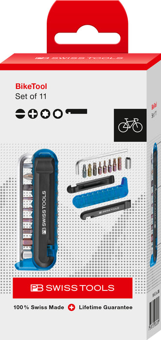 PB Swiss 470 Blue BikeTool Pocket Tool with 9 Screwdriving Tools & 2 Tyre Levers in Cardboard Box