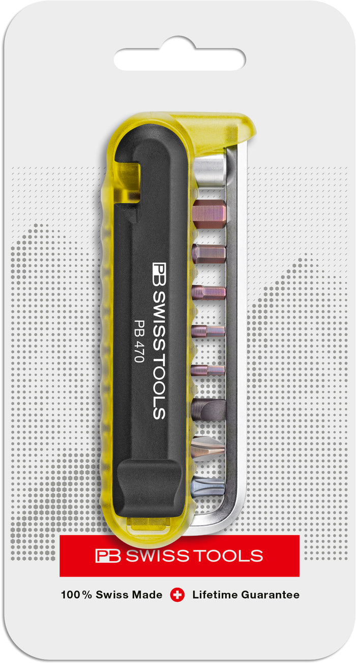 PB Swiss 470 Yellow BikeTool Pocket Tool with 9 Screwdriving Tools & 2 Tyre Levers in Skin Pack