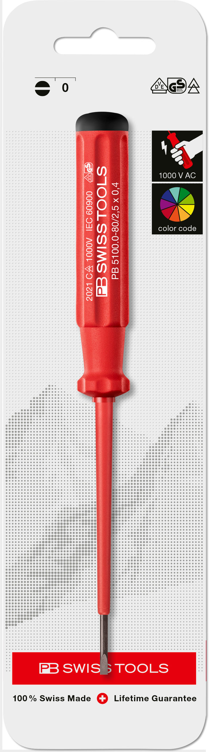 PB Swiss 5100.0-80 Classic VDE 0.4 x 2.5mm Slotted Screwdriver in Skin Pack