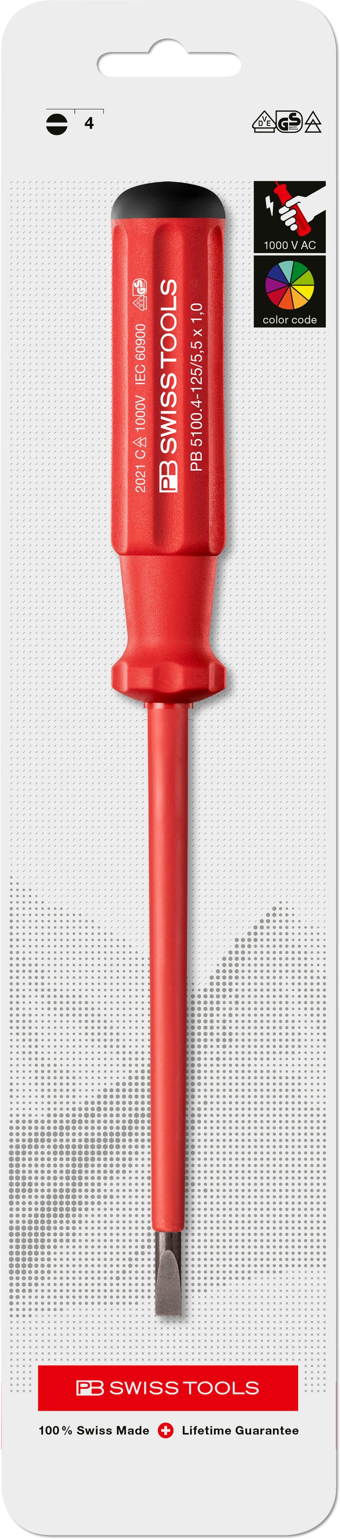 PB Swiss 5100.4-125 Classic VDE 1mm x 5.5mm Slotted Screwdriver in Skin Pack