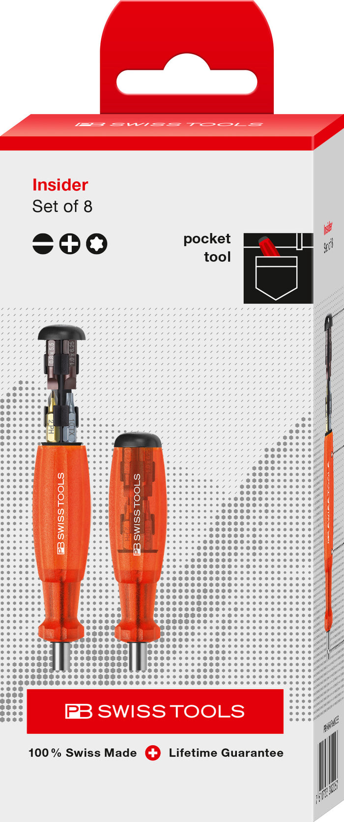PB Swiss 6464.Red Insider Pocket Tool with Integrated Bit Magazine & 8 Bits in Cardboard Box