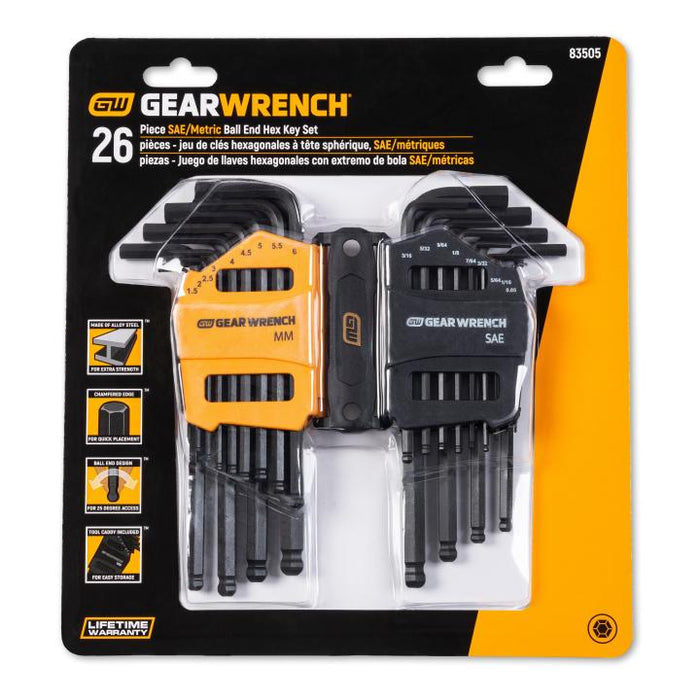 Gearwrench 26 Piece SAE/Metric Ball End Long Arm Hex Key Set 83505