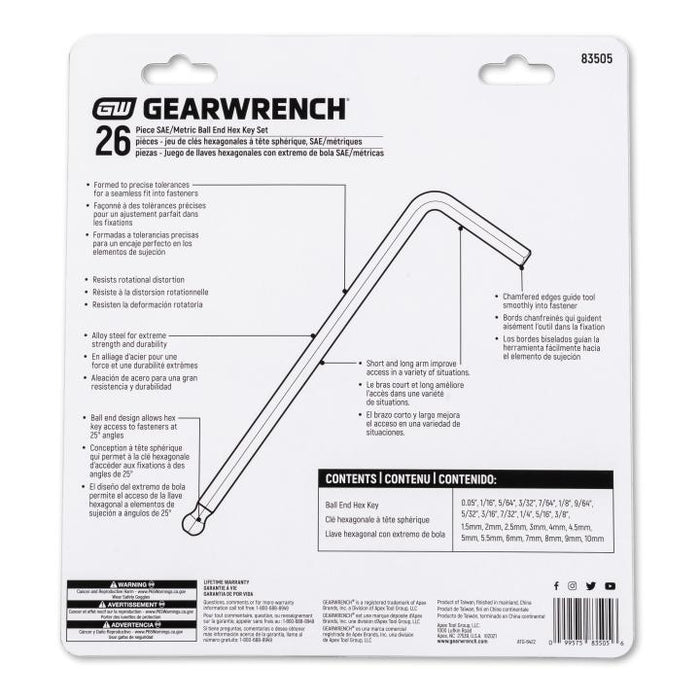 Gearwrench 26 Piece SAE/Metric Ball End Long Arm Hex Key Set 83505