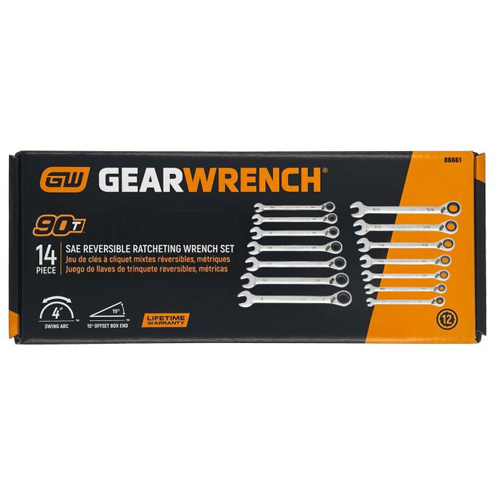 Gearwrench 14 Piece 90-Tooth 12 Point SAE Reversible Ratcheting Spanner Set 86661
