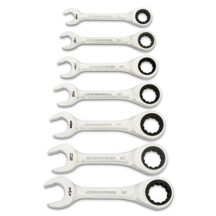 Gearwrench 7 Piece 90-Tooth 12 Point SAE Stubby Ratcheting Combination Spanner Set 86858