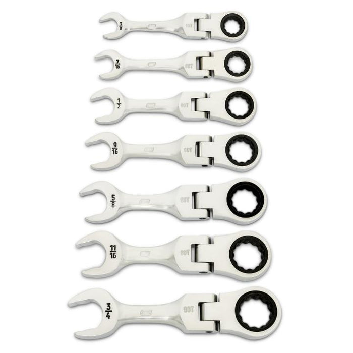 Gearwrench 7 Piece 90-Tooth 12 Point SAE Stubby Flex Ratcheting Combination Spanner Set 86878