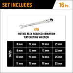Gearwrench 16 Piece 90-Tooth 12 Point Flex Head Ratcheting Combination Metric Spanner Set 86728