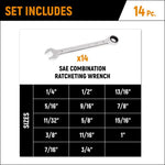 Gearwrench 14 Piece 90-Tooth 12 Point SAE Combination Ratcheting Spanner Set 86959