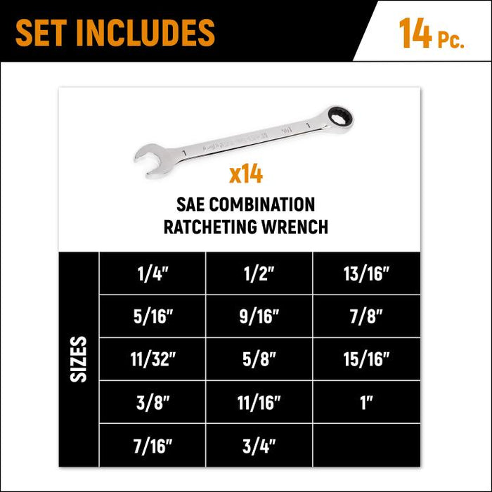 Gearwrench 14 Piece 90-Tooth 12 Point SAE Combination Ratcheting Spanner Set 86959
