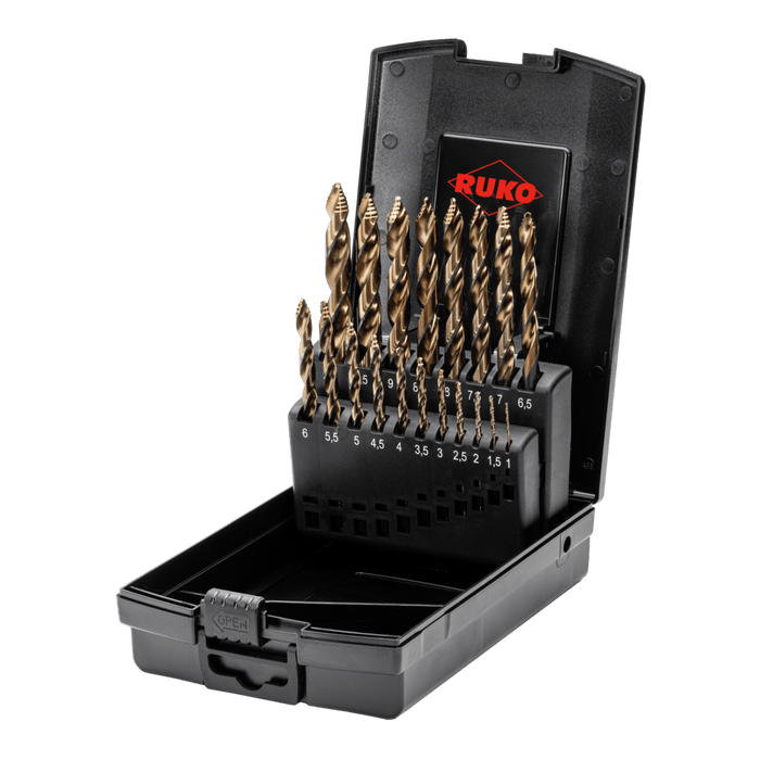RUKO Ultimatecut Twist Drill Set DIN 338 Type FLOWSTEP® HSSE-Co 5 In Plastic Case 19 Pce