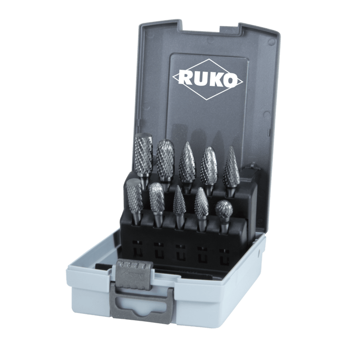 RUKO 10-piece set of Tungsten Carbide Rotary Burrs TC in Plastic Case