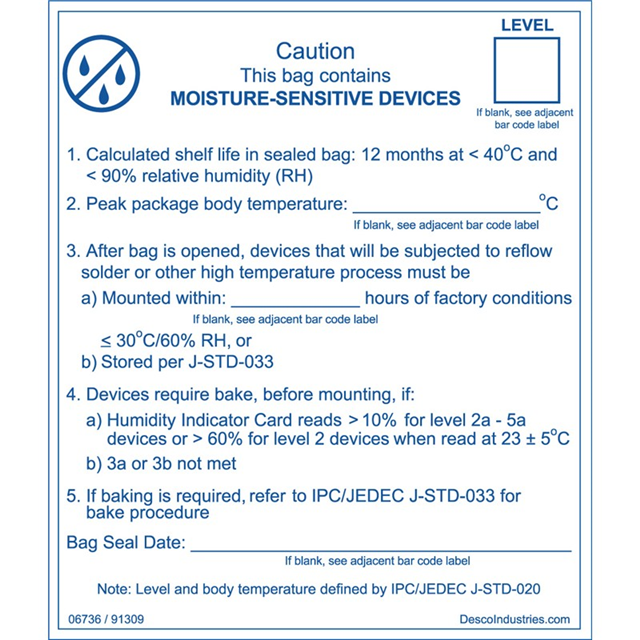 Desco 06736 Moisture Barrier Bag Label, IPC/JEDEC J-STD 020, 100/Roll