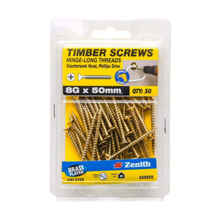 Zenith 8G x 50mm Gold Passivated Countersunk Rib Head Chipboard Screws - 50 Pk