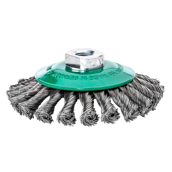 Lessmann Knot Conical Brush Dia 115 x 12mm 20 Z Steel Wire ROH Straight 0.35mm Thread M14