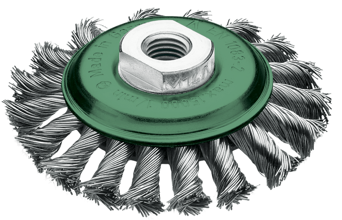 Lessmann Knot Conical Brush Dia 115 x 12mm 20 Z Steel Wire ROH Straight 0.35mm Thread M14