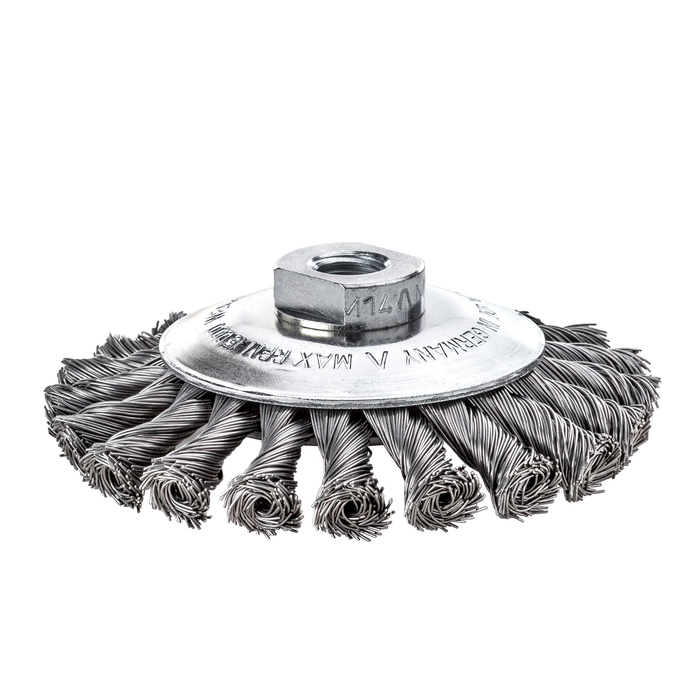 Lessmann Knot Conical Brush Dia 100 x 12mm 18 Z Steel Wire STH Straight 0.5mm Thread M14 NO PRICE