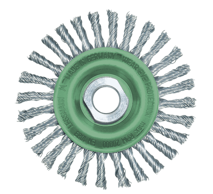 Lessmann Knot Wheel Brush Dia 125 x 6mm 40 Z Steel Wire Stainless ROH Straight 0.5mm Thread M14