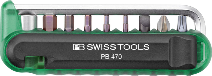 PB Swiss 470 Green BikeTool Pocket Tool with 9 Screwdriving Tools & 2 Tyre Levers in Skin Pack