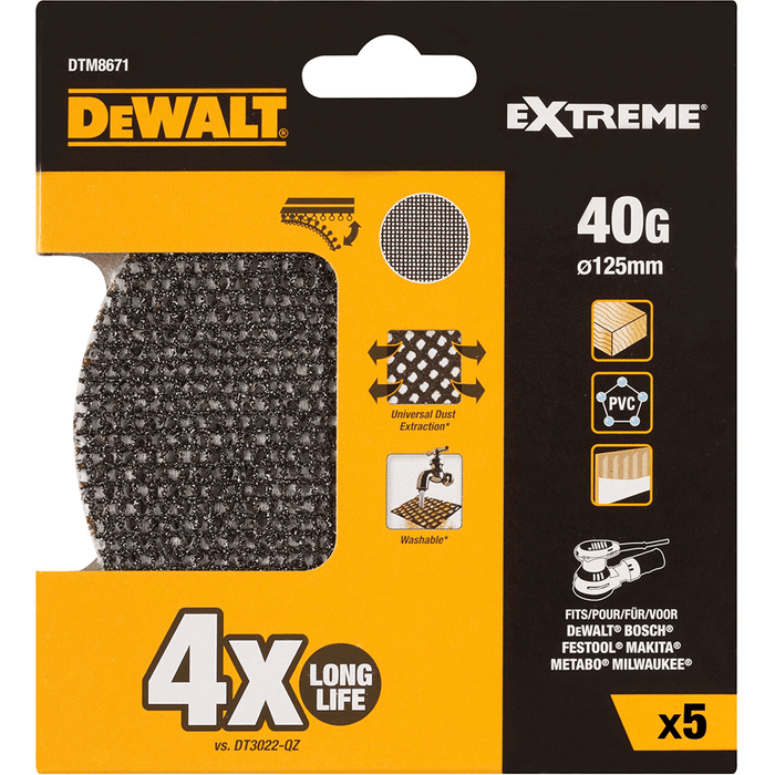 Dewalt Extreme Abrasive Mesh for Random Orbit Sanders 125mm 40 Grit, 5 Pack