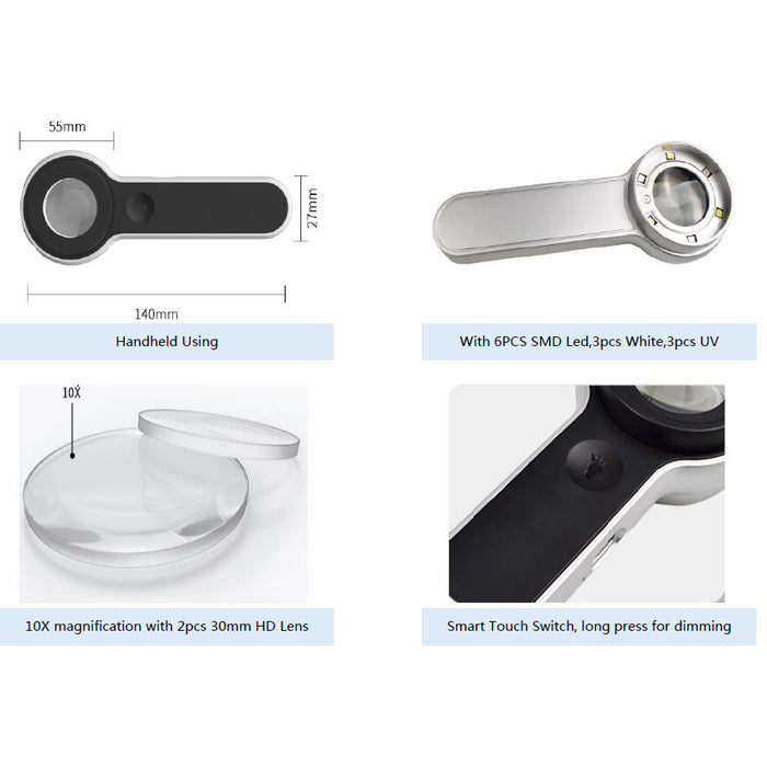 Handheld Rechargeable 10X White & UV LED Magnifier