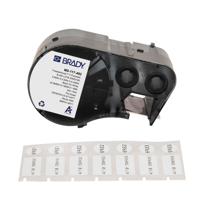 Brady FreezerBondz Ultra-Thin Cryogenic Polyester Label - 12.7mm (H) x 22.86mm (W) x 11.18 (Dia), Black on White, Cartridge of 240