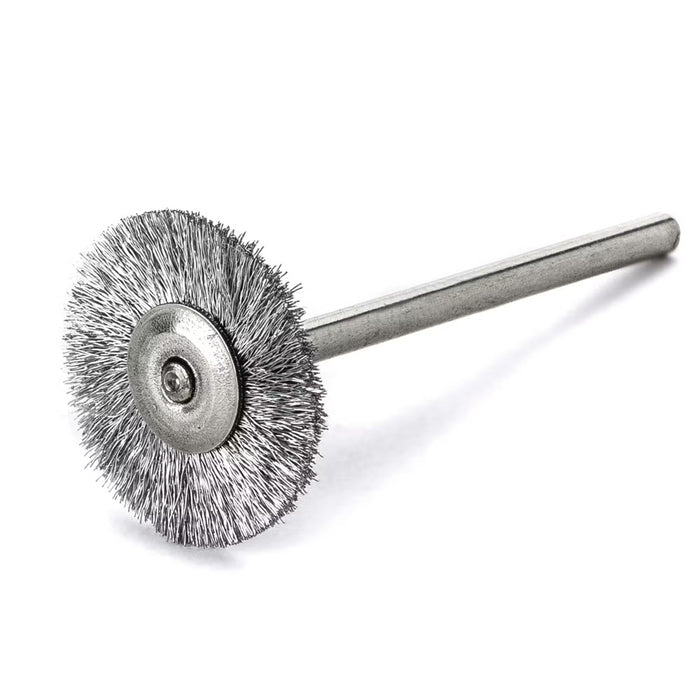 Lessmann Mini Wheel Brush with 3mm Shank Dia 16mm Steel Wire Stainless ROF Crimped