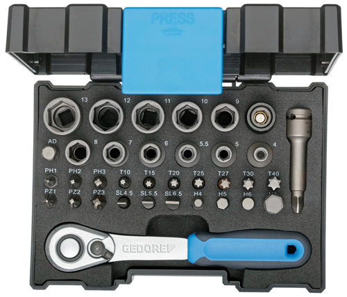 Gedore Bit Socket Wrench Box with Ratchet 1/4