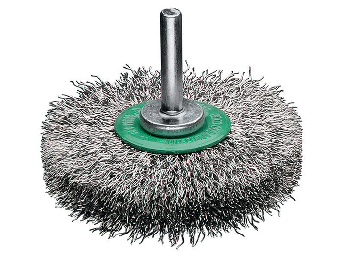 Lessmann Wavy Round Brush with 6mm Shank Dia 70 x 9mm Steel Wire Stainless ROF Crimped
