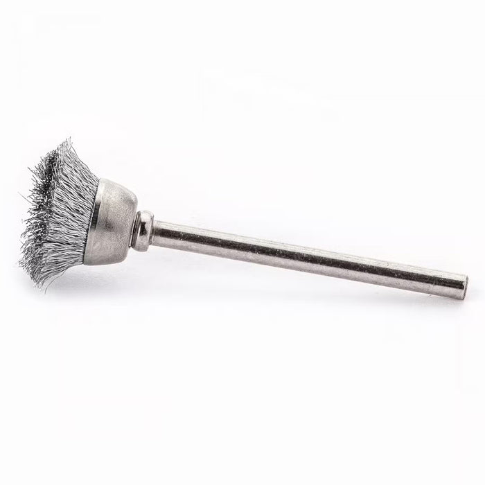 Lessmann Mini Cup Brush with 3mm Shank Dia 15mm Steel Wire STH Crimped 0.10mm High 5mm