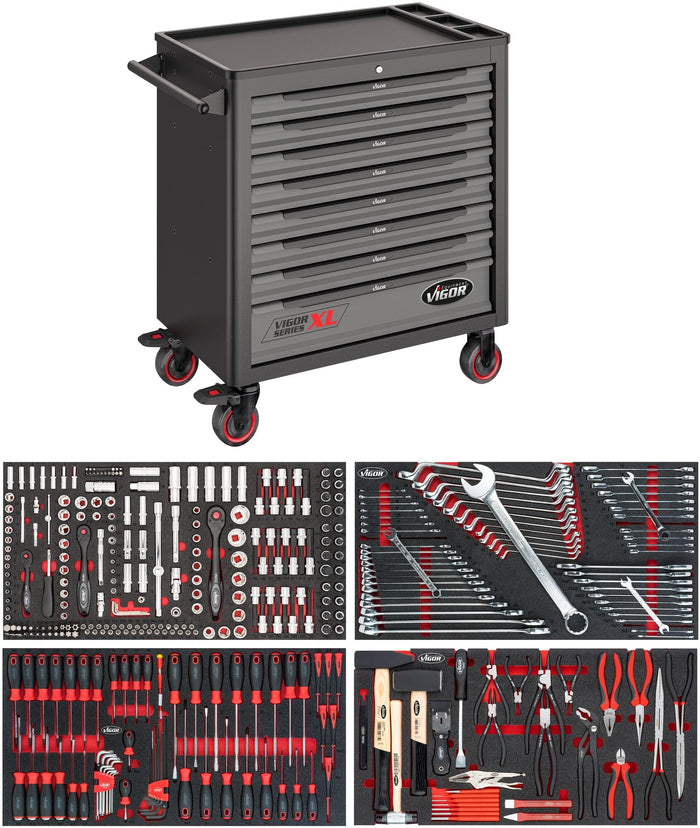 Vigor 375 Piece Tool Trolley Series XL Plastic Worktop with Assortment V4542