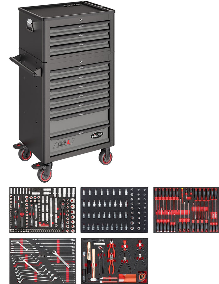 Vigor 344 Piece Tool Trolley Series L with Assortment & Tool Chest V4561