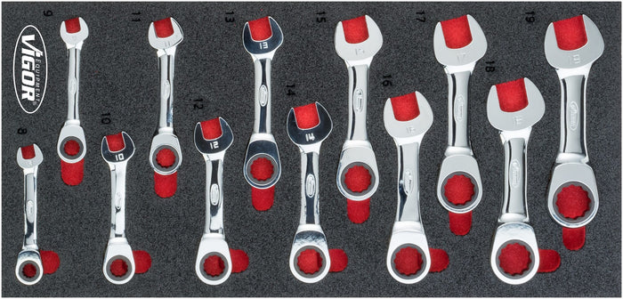 Vigor 12 Pce Ratcheting Combination Wrench Set Short V5075 (8-19mm) Modular Insert Tray
