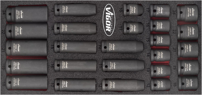 Vigor V5602 1/2in Drive Impact Socket Set 26 Pce (10-24mm) Modular Insert Tray