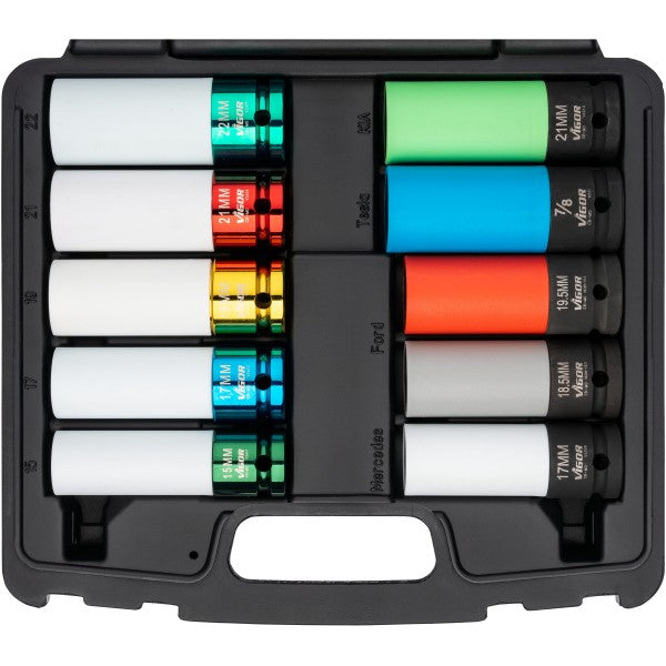 ViGOR slagmoersleutelset V6312/10, 10-delige set, 12,5 mm aandrijfvierkant (1/2 inch), sleutelbreedte 15-22,2 mm, voor het voorzichtig monteren van wielen op banden