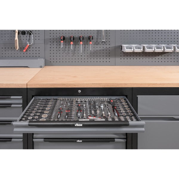 Vigor Mixed Square Drive 42 Piece 12-Point Socket Set V7520  Modular Insert Tray
