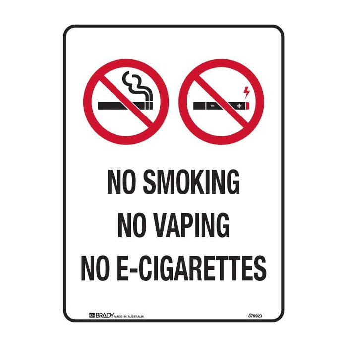 Brady Prohibition Sign - No Smoking, No Vaping, No E-Cigarettes, 300mm x 225mm, Metal