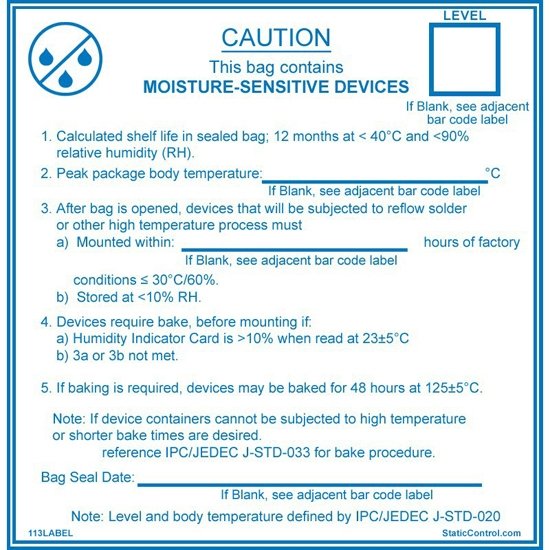 Desco 113LABEL IPC/JEDEC J-STD-020 Label, 102mm x 102mm, 100/Roll