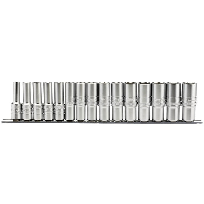 Draper Tools 1/2 Sq. Dr. Metric Deep Sockets on a Socket Rail (15 Piece)