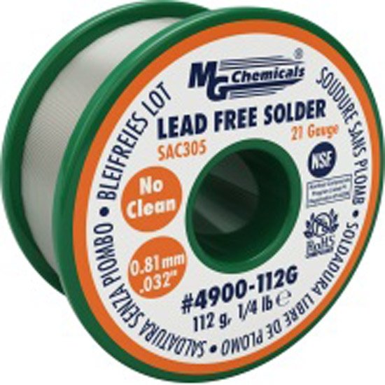 MG Chemicals Sac305, 0.81mm Dia, 96.3% Tin, 0.7% Copper and 3% Silver, Lead Free, 112g