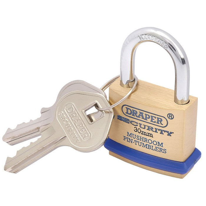 Draper Tools Solid Brass Padlock and 2 Keys with Mushroom Pin Tumblers Hardened Steel Shackle and Bumper