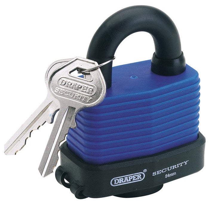 Draper Tools 54mm Laminated Steel Padlock and 2 Keys with Hardened Steel Shackle and Bumper