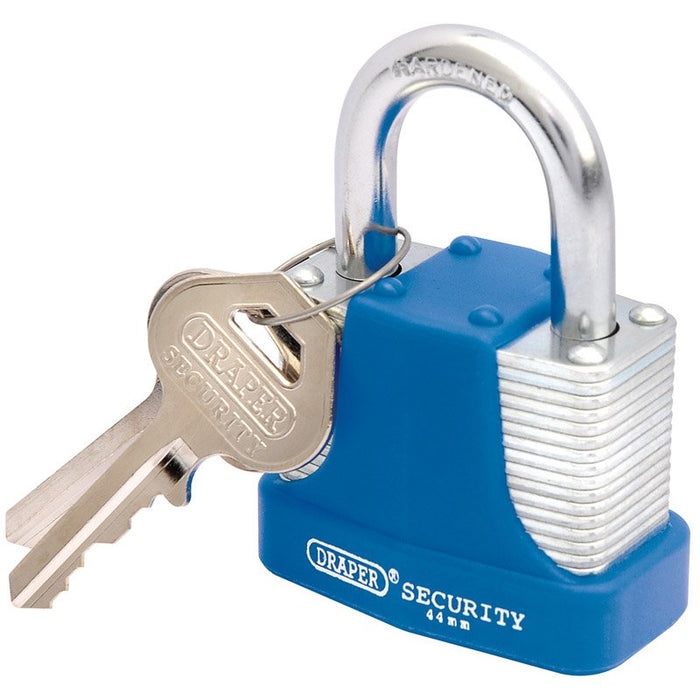 Draper Tools Laminated Steel Padlock and 2 Keys with Hardened Steel Shackle and Bumper