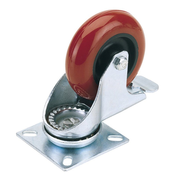 Draper Tools 100mm Dia. Swivel Plate Fixing Polyurethane Wheel with Brake - S.W.L. 125Kg