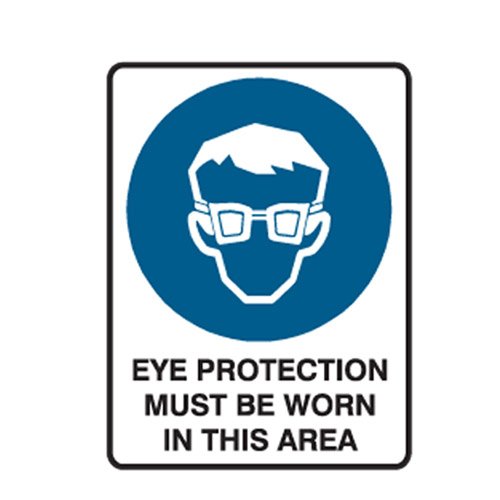 Brady Mandatory Sign - Eye Protection Must Be Worn In This Area, H300mm x W225mm, Metal, White/Blue